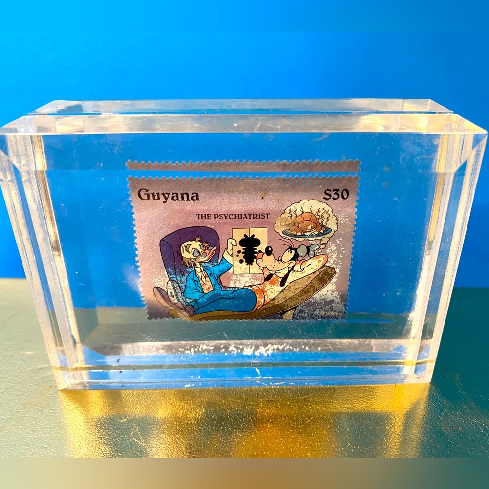 WALT DISNEY VTG Guyana $30 Stamp The Psychiatrist in Acrylic Display #97 of 500